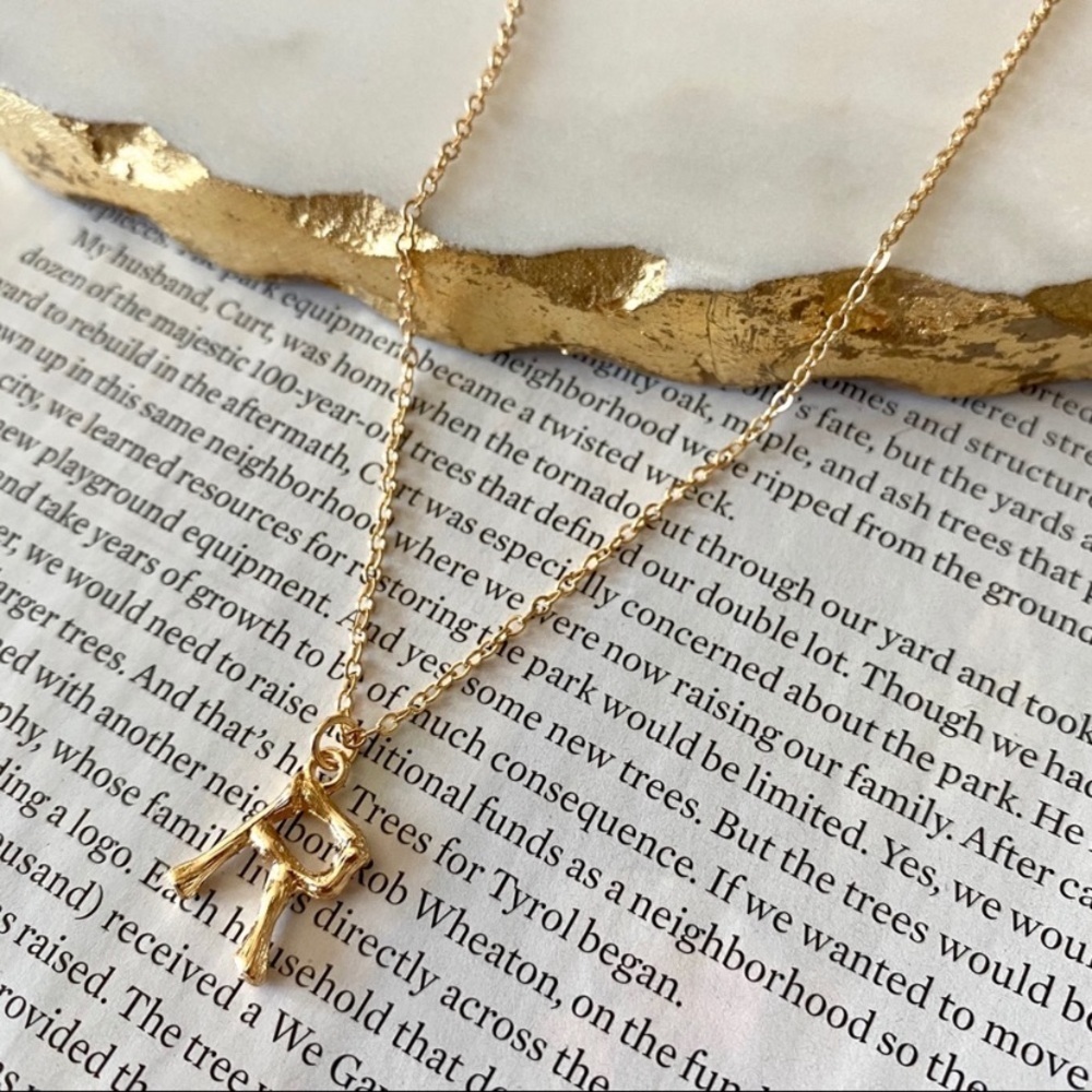 Gold Initial Letter Necklace Bamboo Chain Link R